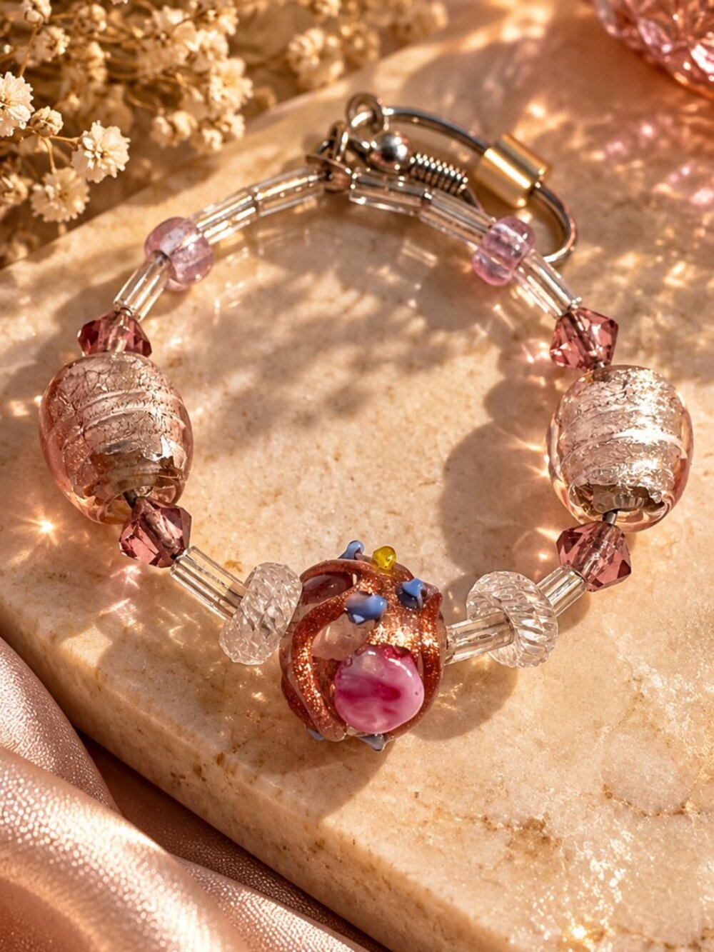 Pink Lampwork Glass Beaded Bracelet – Floral Art Glass
